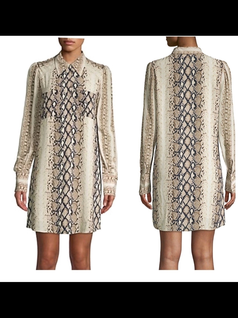 Joie Cream and Black Snake-Print Long-Sleeve Shift Dress